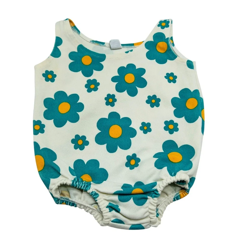 Vtg Carters Baby Swimsuit Teal Yellow Daisy Floral Stretch sz L 18 Months‎ Retro
